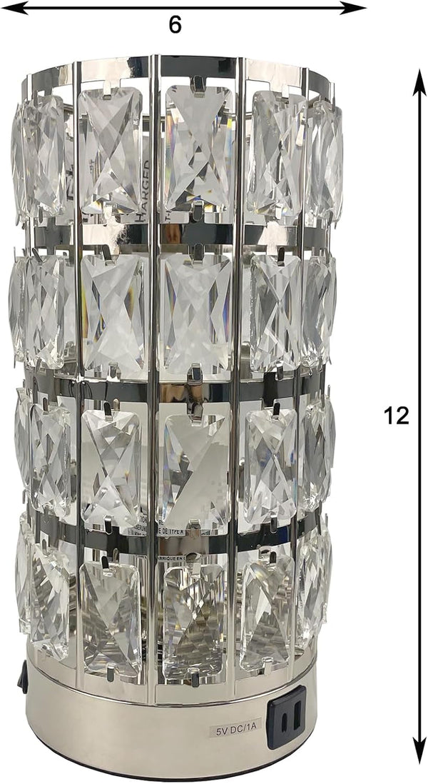 Cylinder Crystal Table Lamp, Chrome Warm Glow, USB Ports, LED Bulb2
