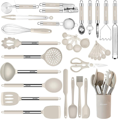 Kitchen Utensils Set-Silicone Cooking Utensils-33Pcs Non-Stick Silicone Cooking Kitchen Utensils Spatula Set with Holder-Best Kitchen Cookware with Stainless Steel Handle (Khaki)1