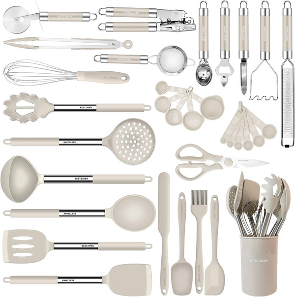 Kitchen Utensils Set-Silicone Cooking Utensils-33Pcs Non-Stick Silicone Cooking Kitchen Utensils Spatula Set with Holder-Best Kitchen Cookware with Stainless Steel Handle (Khaki)1