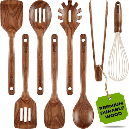 Wooden Spoons for Cooking, 8-Piece Teak Wood Kitchen Utensils for Nonstick Cookware, Heat Resistant Wooden Cooking Utensils Set with Smooth Finish, Long Handle Wooden Spatula Tongs Whisk Set1