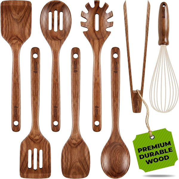 Wooden Spoons for Cooking, 8-Piece Teak Wood Kitchen Utensils for Nonstick Cookware, Heat Resistant Wooden Cooking Utensils Set with Smooth Finish, Long Handle Wooden Spatula Tongs Whisk Set1