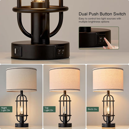 Black Table Lamps for Living Room Set of 2, 22.3" Farmhouse Lamps for Nightstand, Industrial Table Lamps for Bedroom with USB Ports, Bulbs Included3