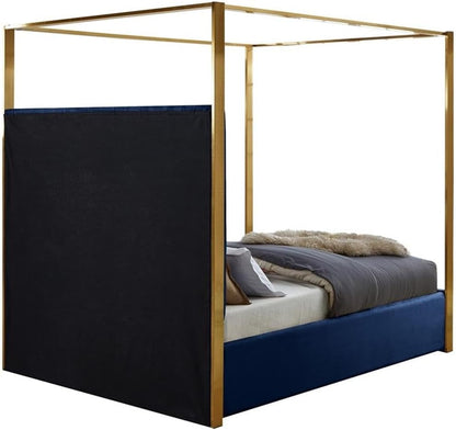 Contemporary Velvet King Bed, Navy Finish, Deep Channel Tufting, Brushed Brass Metal Frame, Full Slats, Canopy Height 78.5", Headboard Height 60.5", Elegant Bedroom Furniture7