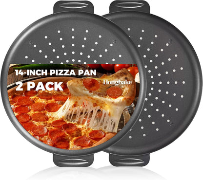 2 Pack Pizza Pan 14 Inch with Holes, Rust-Free Nonstick Pizza Pan for Oven, 0.8Mm Carbon Steel Perforated Pizza Tray with Wider Handles, round Baking Sheet for Frozen & Homemade Pizza, Grey1