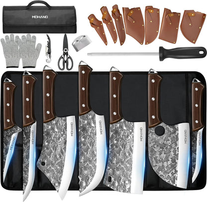 Butcher Knife Set, Hand Forged Butcher Chef Knife Set with Roll Bag | High Carbon Steel 14PCS Meat Cleaver Knife, Bone Chopper Knives, Fillet Knives for Kitchen, Camping Outdoor BBQ, Gift for Men1