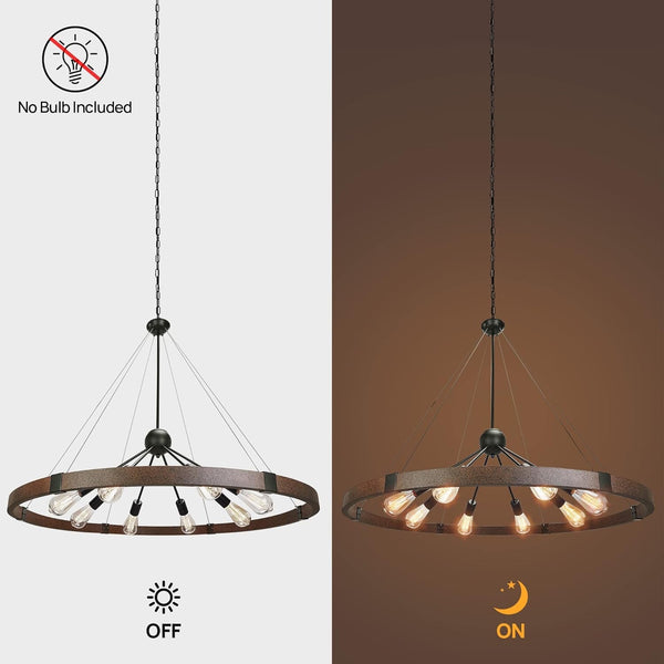 38.2'' Large Farmhouse Wagon Wheel Chandelier for Living Room, 8-Light Rustic round Metal Light Fixtures for Dining Room Entryway Kitchen Island, Vintage Rust and Black Finishes5