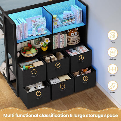 Low Twin over Twin Bunk Bed with 6 Storage Drawers, LED Lights4