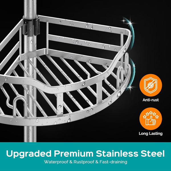 Corner Shower Caddy Tension Pole: Rustproof Stable 4-Tier Bathroom Organizer Shelves for Bathtub Shampoo Storage - 47-121 Inch Quick Install Adjustable Shelf with Soap Rack - Silver Gray5