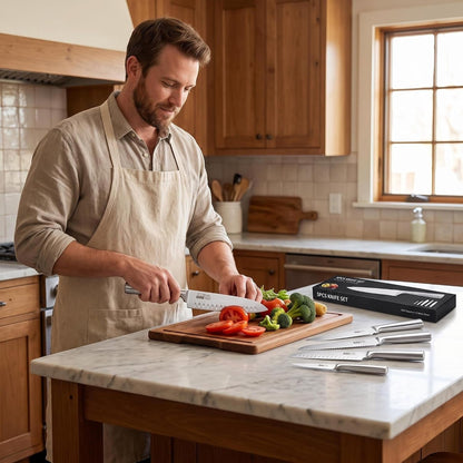 5-Piece Stainless Steel Chef Knife Set - Ultra-Sharp Blades for Easy Cutting Meat/Veggies/Fruits - Ergonomic Handles, Dishwasher Safe, Rust-Resistant (Home/Pro Use)5