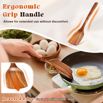 2Pcs Wooden Spatula, Acacia Solid & Slotted Turner Spatula Set, Long Handle Flat Frying Spatulas, Ideal Kitchen Gift for Mother and Grandma, Kitchen Utensils Set for Cooking, Frying, Baking2
