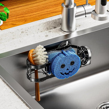 Sponge Holder Smiley Face, Sink Caddy for Kitchen Sink, Kitchen Organizer Sponge Holder with 2 PCS Suction Cups and Adhesive Strips, Designed for Sponge, Soap, Dish Brush, Scrubber-Black6