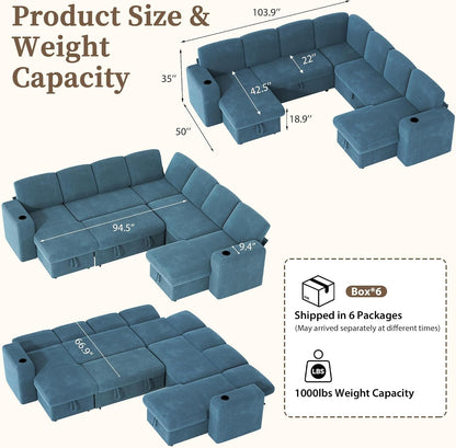Sectional Sleeper Sofa with Pull Out Couch Bed, 9 Seats Modular L Shaped Cloud Couch with Storage Chaise, Dual Arm Storage & USB Charging, Adjustable Backrest Sofa, Blue Corduroy2
