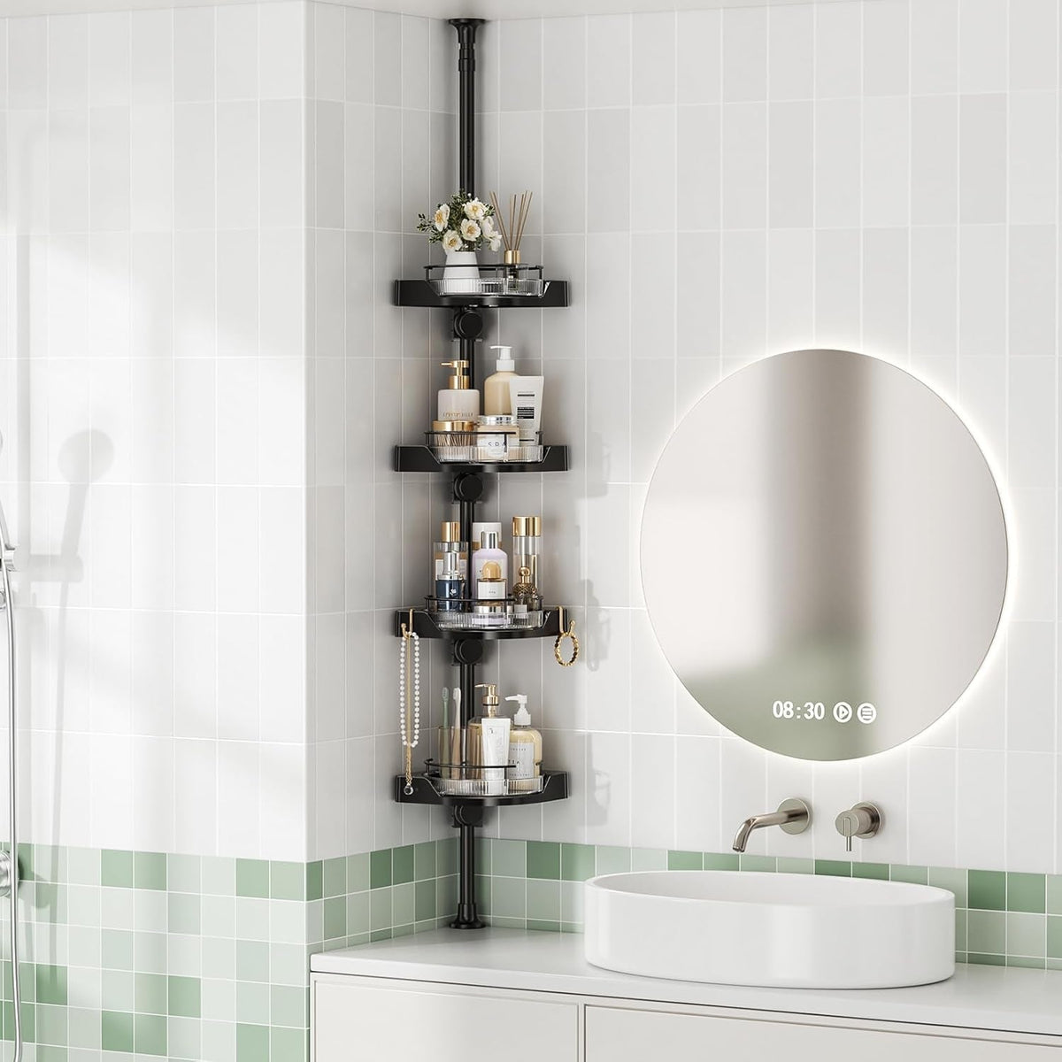 360-rotating-shower-caddy-tension-pole-with-4-tier-rustproof-lazy-susan-35-128-inch-no-drilling-coner-shelves-adjustable-shower-rack-for-bathroom-bathtub-washbasin-plant-storage-black