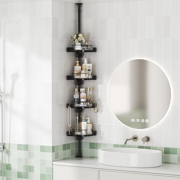 360° Rotating Shower Caddy Tension Pole with 4-Tier Rustproof Lazy Susan 35-128 Inch No Drilling Coner Shelves Adjustable Shower Rack for Bathroom Bathtub Washbasin Plant Storage (Black)3
