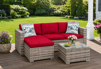 5 Piece Outdoor Patio Furniture Set, All-Weather PE Wicker Sectional Couch Set with Cushions and Ottomans, Outdoor Patio Conversation Set with Glass Table for Backyard, Porch, Balcony6