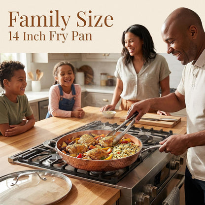 Hammered Copper 14 Inch Non Stick Frying Pan with Lid, Nonstick Frying Pan with Ceramic Coating and Induction Plate for Even Heating, Oven / Dishwasher Safe, 100% Healthy & Non Toxic | Extra Large Skillet, Induction Compatible, PFOA/PFOS/PTFE Free Ceramic Coating, Stay-Cool Handle, Oven & Dishwasher Safe4