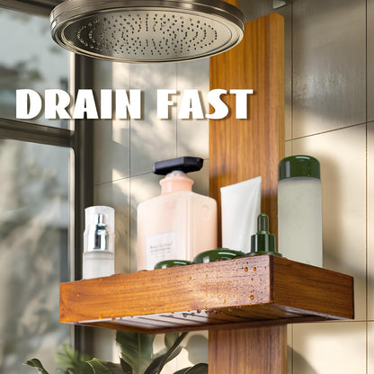 Teak Hanging Shower Caddy with Hooks, Shower Organizer over Head6