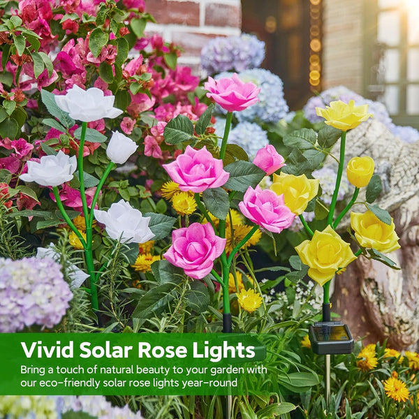 Solar Garden Lights Outdoor, 3 Pack Solar Flower Lights with 15 Rose Flowers, Multi-Color Changing LED Waterproof Solar Lights, Garden Decor for Landscape Pathway, Gifts for Women4