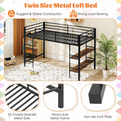 Low Loft Bed Twin Size, Heavy Duty Metal Frame W/Storage Shelves, Ladder & Full-Length Guardrails, Ample Under-Bed Space, Kids Loft Bed with Stairs for Boys Girls Junior, No Box Spring Needed5