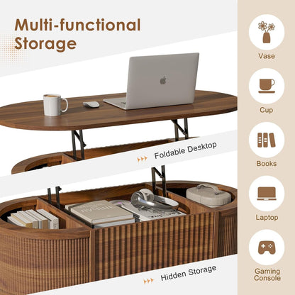 43.3'' Fluted Lift Top Coffee Table with Storage,Modern Oval Coffee Table for Living Room or Home Office（Walnut）3
