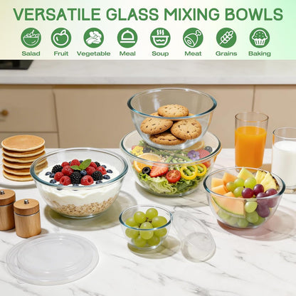 Glass Mixing Bowls with Lids Set of 5(4.7QT, 2.9QT, 2.2QT, 1.1QT, 0.53QT), Thick Glass Large Salad Bowls, Space-Saving Nesting Bowls for Kitchen Baking, Prepping, Cooking, Dishwasher, Microwave Safe4
