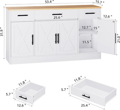 Buffet Cabinet with Storage,53.4" Large Kitchen Storage Cabinet with 3 Drawers and 4 Doors,Wood Farmhouse Buffet Sideboard with Adjustable Shelf for Kitchen Living Room, White3