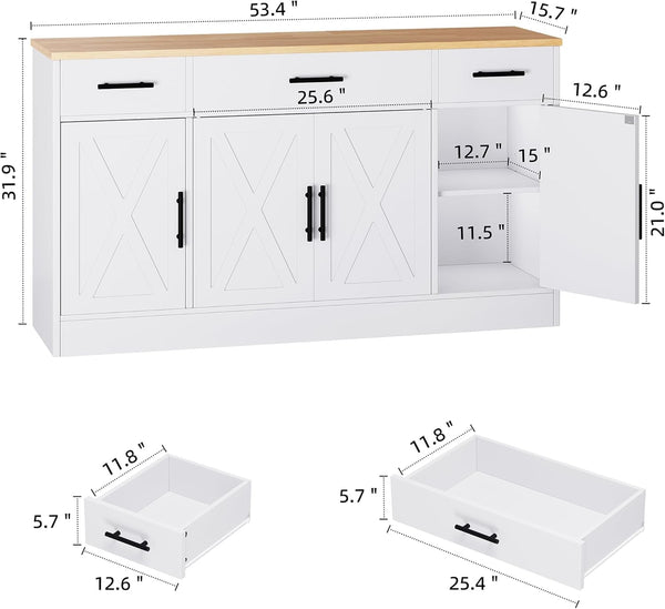 Buffet Cabinet with Storage,53.4" Large Kitchen Storage Cabinet with 3 Drawers and 4 Doors,Wood Farmhouse Buffet Sideboard with Adjustable Shelf for Kitchen Living Room, White3