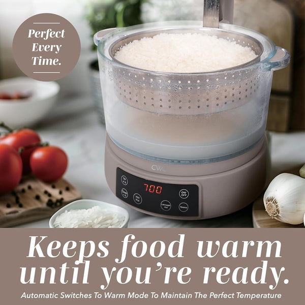 Glass Mini Low Carb Rice Cooker – Holds 2 Cups Raw/Makes 6 Cups Cooked with Auto Lift Filter Basket, Hotpot & Steamer for Rice, Grains, Digital Panel with Keep Warm, Goat/Mink6