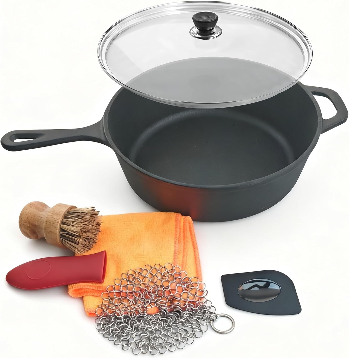 cast-iron-skillet-10-25-inch-frying-pan-with-teardrop-handle-round-tempered-glass-lid-5-pieces-cast-iron-cleaner-set-for-oven-stovetop-home-baking