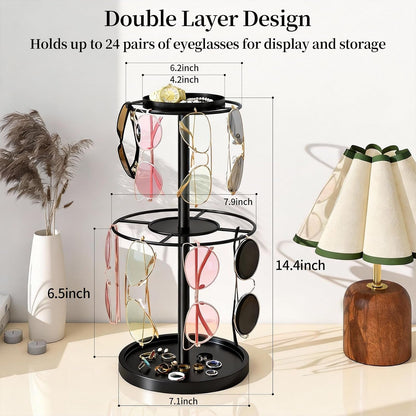 2-Tier Sunglass Organizer, Metal Glasses Stand with Storage Tray, Black | Sunglass Holder with Non-Slip Pad for Tabletop, Desk, Dresser, Hanging up to 9 Pairs Sunlasses/Reading Glasses4