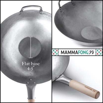 Flat Bottom Wok with Lid, Hand Hammered Carbon Steel Wok Set, 14"3