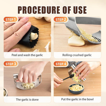 Garlic Press Rocker - 2024 NEW Stainless Steel Garlic Mincer Garlic Crusher with Peeler, New Innovative Garlic Chopper with Peeler and Scraper for Smash Garlic (Black 1PCS)6