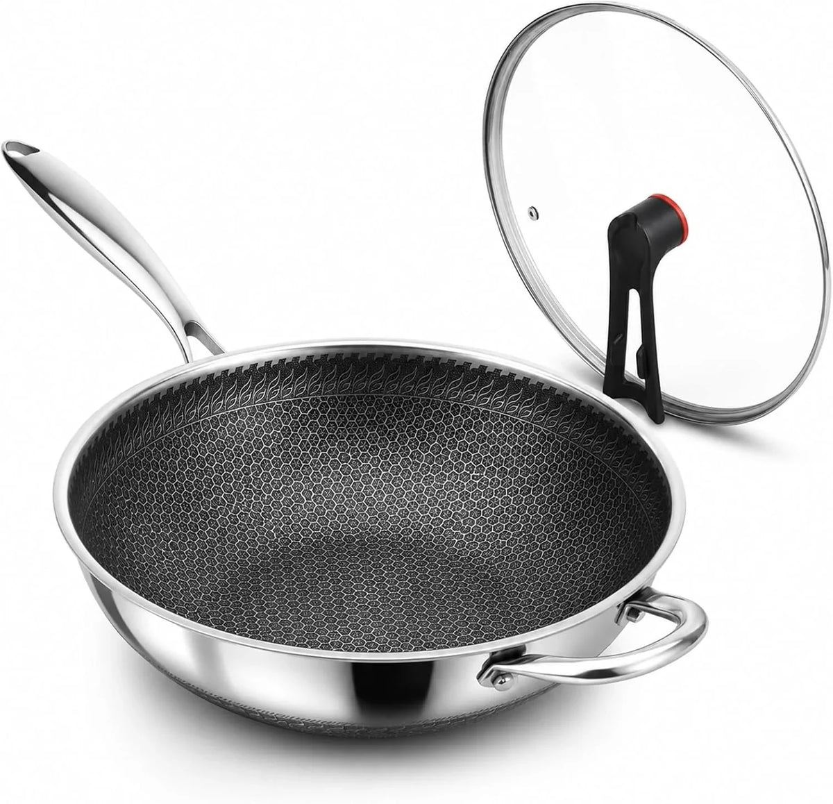 12-6-inch-stainless-steel-honeycomb-wok-pan-with-standing-glass-lid-flat-bottom-stir-fry-pan-for-induction-gas-electric-stoves-physical-stick-resistant-surface-dishwasher-safe