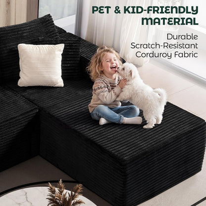 108" Black Corduroy Modular Sectional Sofa L-Shaped Cloud Couch with Left Facing Chaise, Boneless Deep Seat Sofa, No Assembly Compressed Couch for Living Room & Apartment8