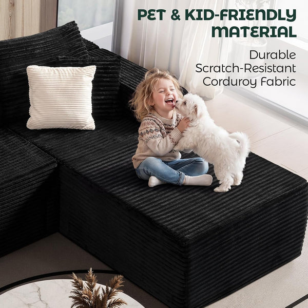 108" Black Corduroy Modular Sectional Sofa L-Shaped Cloud Couch with Left Facing Chaise, Boneless Deep Seat Sofa, No Assembly Compressed Couch for Living Room & Apartment8