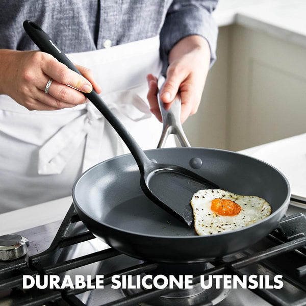 5 Piece Cooking Utensil Set, Flexible Nonstick Silicone, Stain-Free, Tongs, Turner, Spatula, Skimmer, and Slotted Spoon, Black2