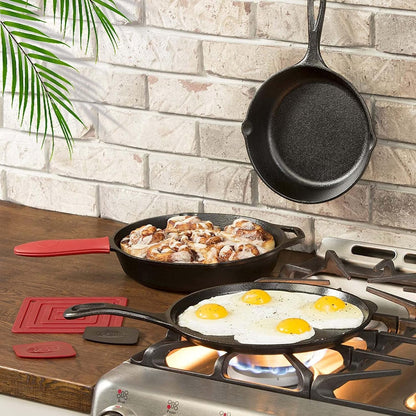 Cast Iron Skillets 3-Piece Set, 6", 8" & 10" Pre-Seasoned Pan Set | Cast Iron with 3 Heat-Resistant Silicone Handle Holders, Indoor & Outdoor Use, Oven Grill Stovetop Induction Safe Cookwar4