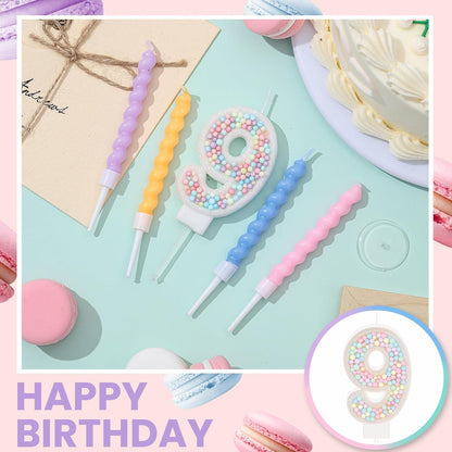 White Macaron Number 9 Birthday Candle with 12 Rainbow Spiral Candles4