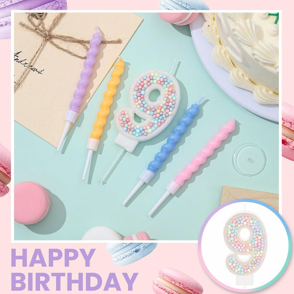 White Macaron Number 9 Birthday Candle with 12 Rainbow Spiral Candles4