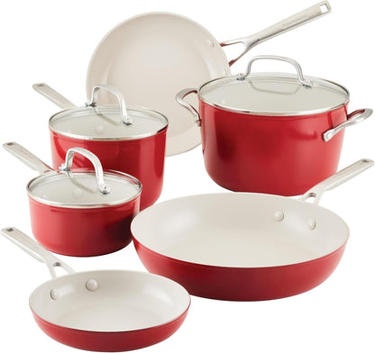 Kitchenaid Hard Anodized Ceramic 9-Piece Nonstick Cookware Set – Includes Fry Pans, Saucepan, Stockpot, Durable, Even Heating, Oven Safe to 500°F, Empire Red1