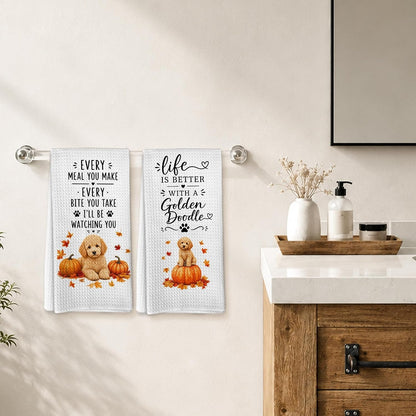 Fall Goldendoodle Pumpkin Kitchen Tea Dish Towels, Farmhouse Autumn Seasonal Dog Pumpkin Dish Towels for Kitchen, Goldendoodle Gifts Hand Towel for Bathroom 16X24In Set of 24