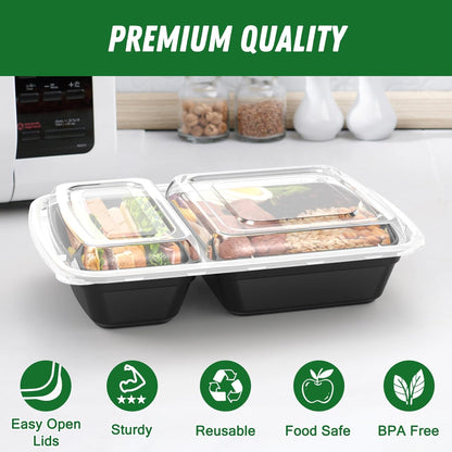 50 Pack 28 Oz Meal Prep Containers with Lids 2-Compartment, Black3