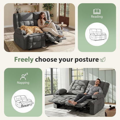 Loveseat Recliner Sofa, Wall Hugger Reclining Loveseat with Cup Holders & Storage Pockets, 150° Adjustable RV Couch, Traditional 2-Seat Reclining Couch for Living Room, RV, Home Theater, Grey8