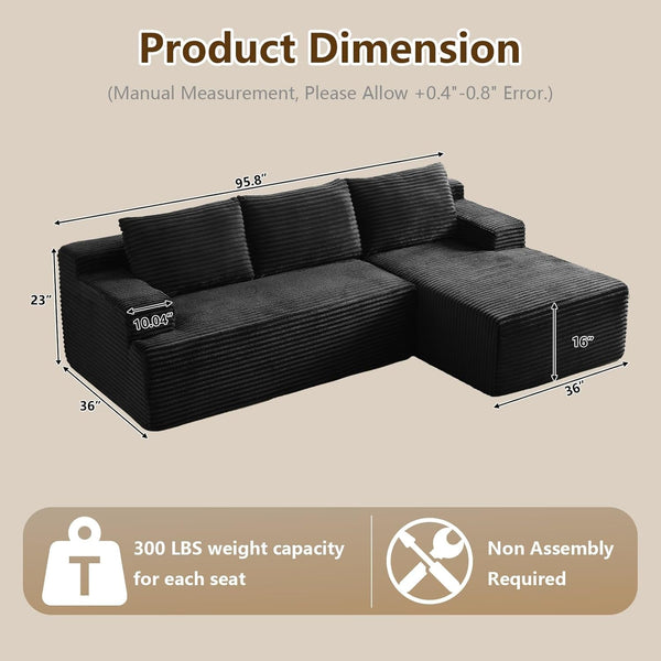 96" Modular Sectional Sofa Couches L-Shape Couch 3 Seat Modular Sofa Corduroy Memory Foam Sectional Boneless Couches for Living Room, Cloud Couch with Oversized Chaise(Black, Right Facing)2
