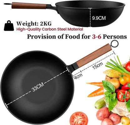 13 Inch Wok with Glass Lid & Silicone Spatula, Naturally Non‑Stick | Pre‑Seasoned 5.6 Quart Carbon Steel Woks & Stir-Fry Pans with Flat‑Bottom, PFOA & Ptfe‑Free Chinese Cookware for All Cooktops3