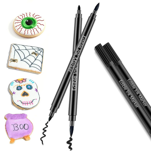 Black Edible Markers for Cookie Decorating - 2Pcs Black Food Coloring Pen Double Sided Fine Tips Edible Pens, Christmas Food Grade Marker Pens for Baking Decorating, Fondant, Chocolate, Frosting1