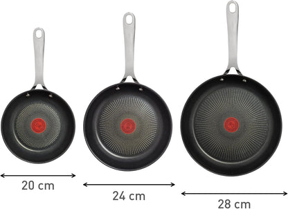 X Jamie Oliver Nonstick Coated Stainless Steel Pans 8", 9.5" & 11", Frypan Set Induction Compatible, Oven Safe up to 500°F, Chef'S Stainless Steel Skillet, Frying Pan, Silver | 3 Frying Pans 7.9/9.4/11 Inch, Titanium Non-Stick Coating, Suitable for Induction, Thermo-Signal, Riveted Handle8