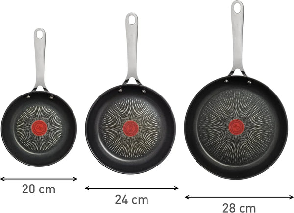 X Jamie Oliver Nonstick Coated Stainless Steel Pans 8", 9.5" & 11", Frypan Set Induction Compatible, Oven Safe up to 500°F, Chef'S Stainless Steel Skillet, Frying Pan, Silver | 3 Frying Pans 7.9/9.4/11 Inch, Titanium Non-Stick Coating, Suitable for Induction, Thermo-Signal, Riveted Handle8