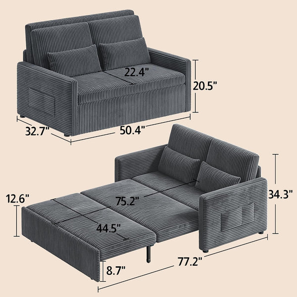 77.2'' Extended Pull Out Sofa Bed, 3-In-1 Sleeper Couch, Dark Gray3