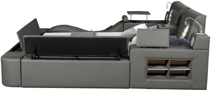 Smart Multifunctional Queen Size Bed, Wood Frame, Gray Upholstery, Massage Chaise, USB Charging, Storage Drawers, LED Lights, Bluetooth Speakers, Modern Design for Bedroom Comfort And7